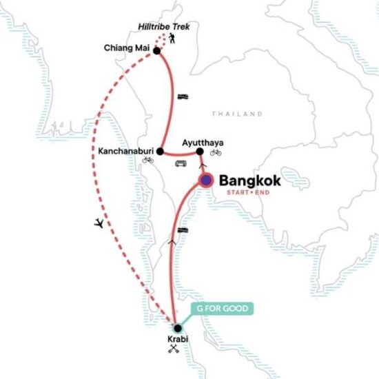 Thailand Hike, Bike & Kayak adventures route