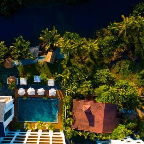 Aerial view of the shinning hotel pool