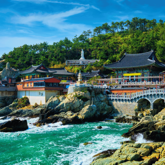 Temple by the rocky coastline