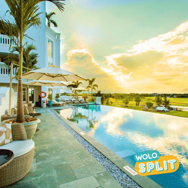 Luxury poolside view at sunset
